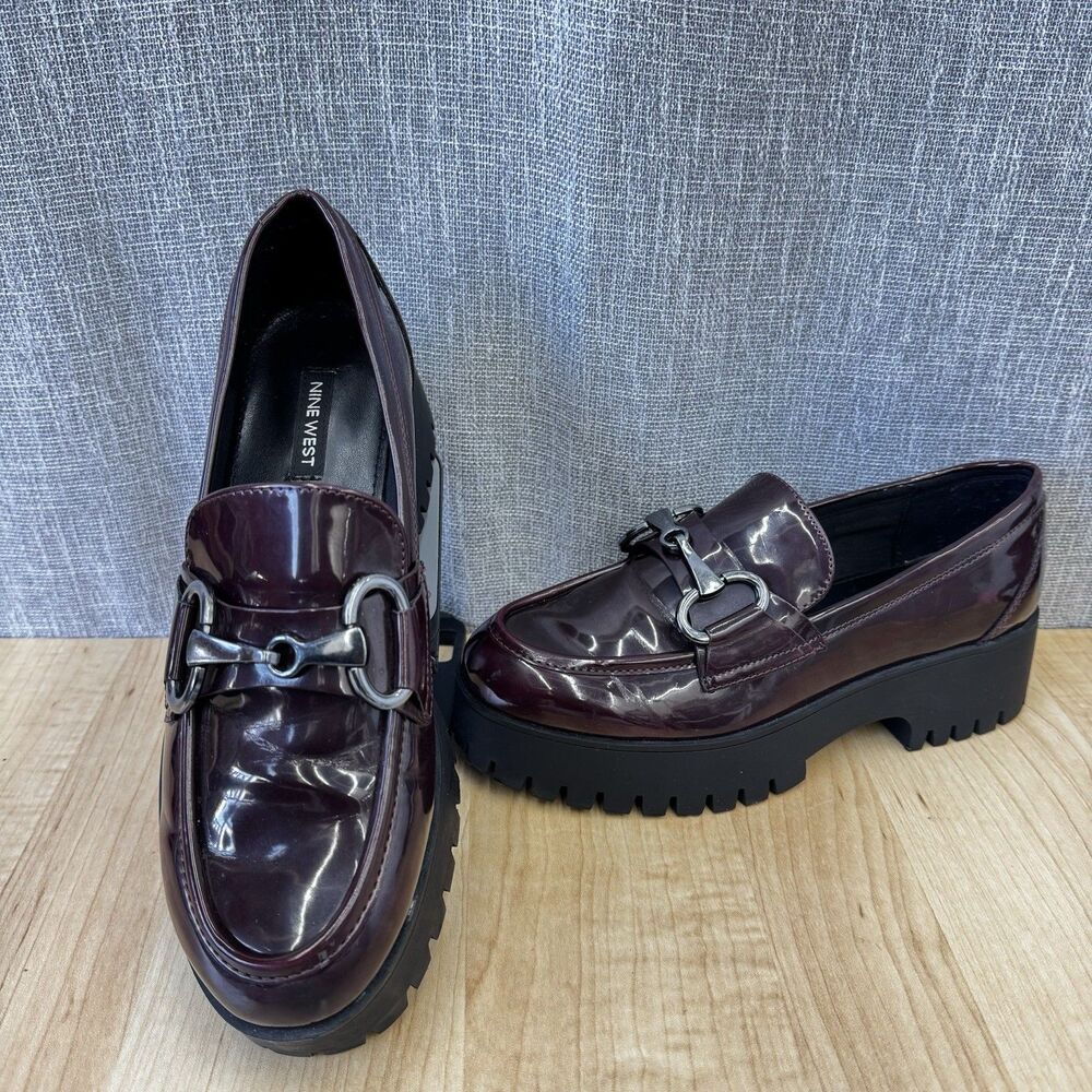 Nine West Women's Patent Bit Loafers Burgundy 8M Heels wine oxford shoes